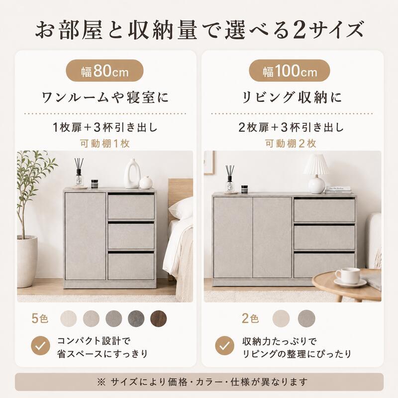 薄型 キャビネット 幅80・100cm 奥行31cm サイドボード 隠しキャスター 引き出し3段 扉収納 可動棚 大容量 リビング収納 ホワイト グレー