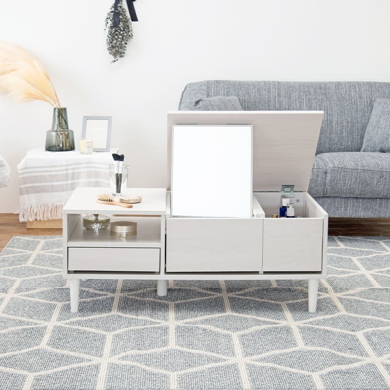 センターテーブル コスメテーブル ドレッサー ミラー付き 収納 ロータイプ 幅95cm ローテーブル 2WAY おしゃれ 姫系 かわいい コンパクト ミニドレッサー 一面鏡 鏡台 化粧台 フェミニン 女の子 机 ブラウン ホワイト 白 リビングテーブル