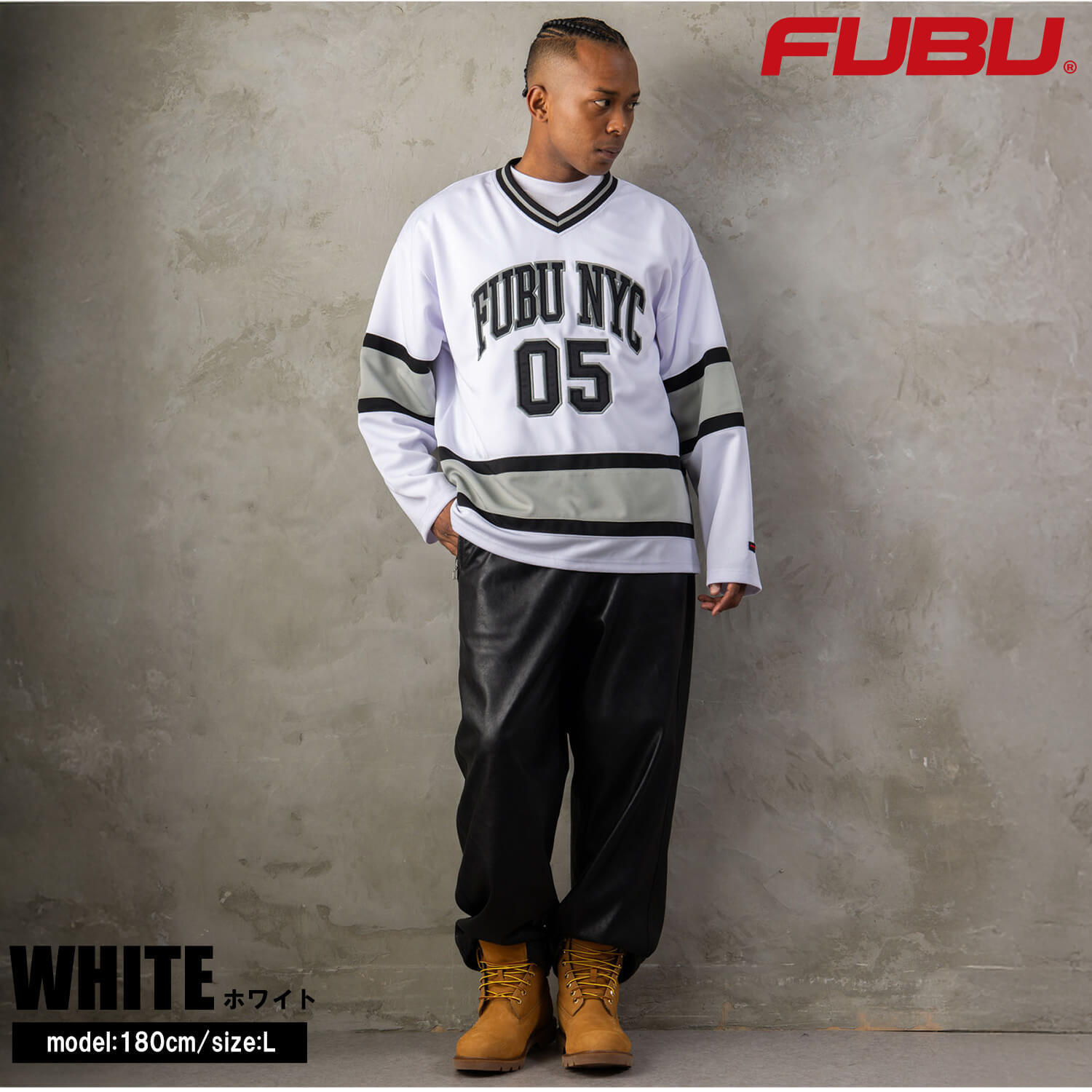 FUBU フブ ホッケーシャツ メンズ レディース fam-62712 ホッケージャージ ゲームシャツ 長袖 Vネック ナンバリング ロゴ プリント オーバーサイズ ストリート ヒップホップ ダンス カジュアル M L XL XXL 2026FW Karlas