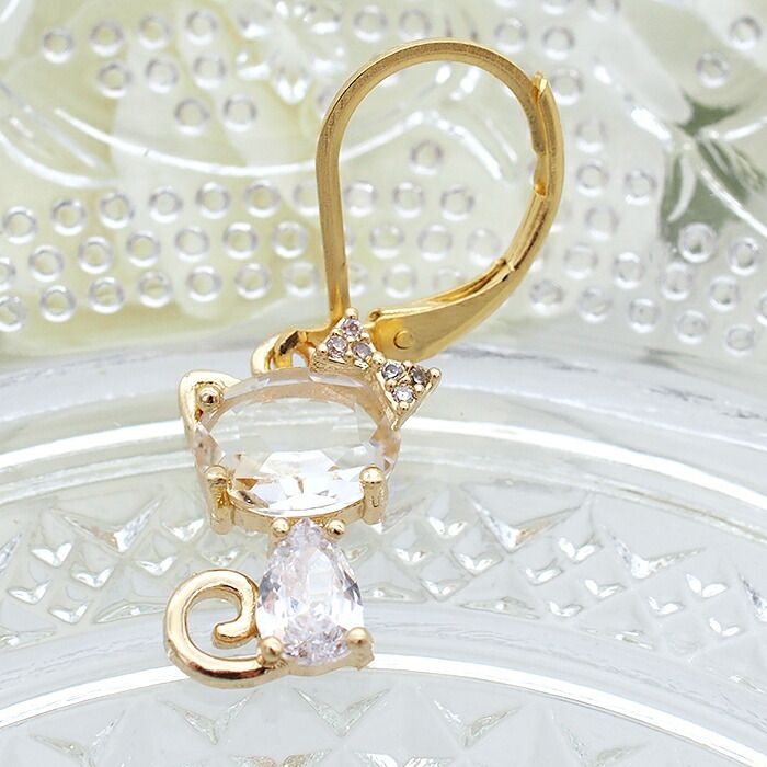 ピアス 金属アレルギー サージカルステンレス フック 落ちない 引っかからない 外れにくい フック 猫×ラインストーン ピアス カラビナ シンプル かわいい