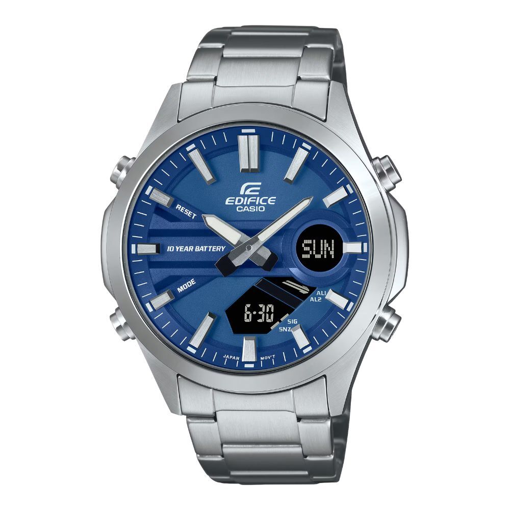 カシオ エディフィス 腕時計 メンズ ブルー シルバー アナデジ CASIO EDIFICE 海外モデル 10年電池 100m防水 ワールドタイム ストップウォッチ タイマー メタル 多機能 プレゼント ギフト 成人 卒業 入学