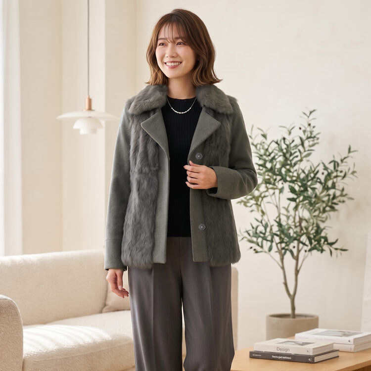 ラビットファー付ジャケット レディース 秋 冬 ナポレオンカラー M 母 女性 ギフト プレゼント 6F (01000734r)