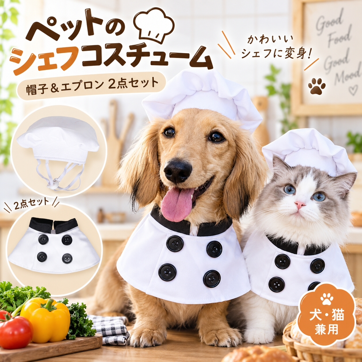 ペット コスプレ 衣装 シェフ 帽子 エプロン 2点セット 犬 猫 かわいい コック 仮装 なりきり 写真撮影 記念日 パーティー ハロウィン クリスマス ペットウェア 小型犬 ギフト