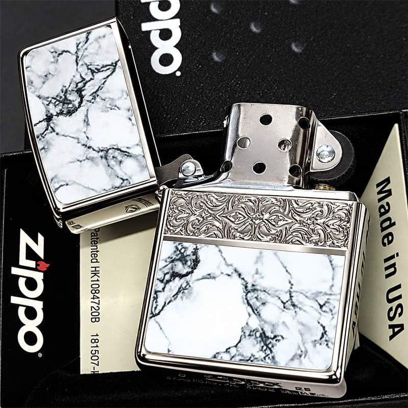 ZIPPO おしゃれ ライター アラベスク＆大理石 ジッポ Arabesque Marble 両面加工 彫刻 シルバー ホワイト かっこいい メンズ ギフト プレゼントッポ ライター かっこいい 5面加工 エッチング彫刻 金赤 金タンク メンズ プレゼント ギフト