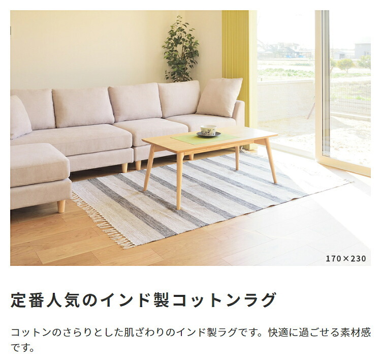 ラグ カーペット コットン 100% 170x230 インド 製 ストライプ マット 絨毯 折りたためる 収納 コンパクト フローリング 長方形 ホット 床暖 可 収納袋 シンプル ブラウン ホワイト