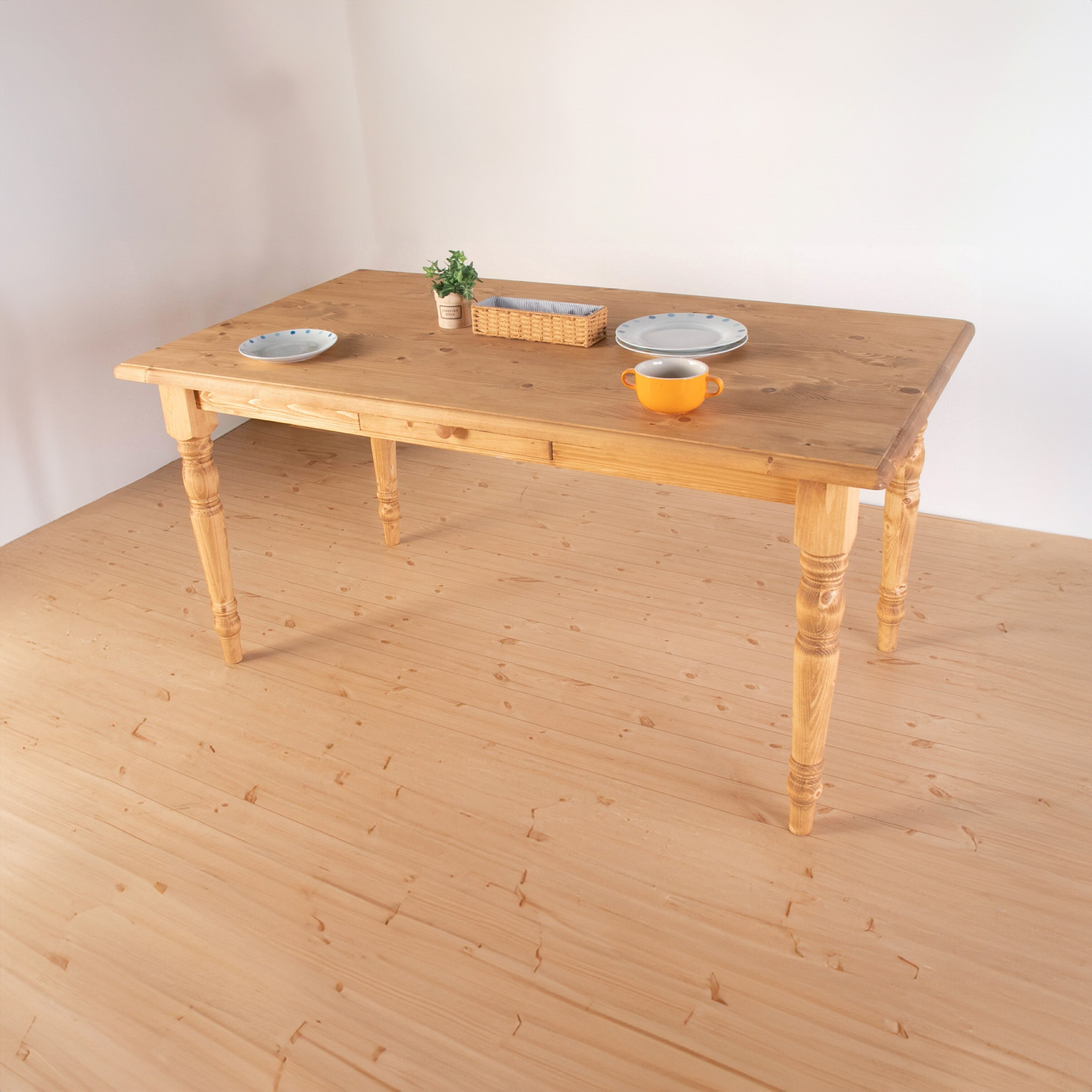 ダイニングテーブル FARMER 無垢材 パイン材 天然木 W150×D85×H72cm(引出の内寸:W36×D27.5×H 食卓テーブル 木製 食卓机 リビング ダイニング ライトブラウン おしゃれ 新生活