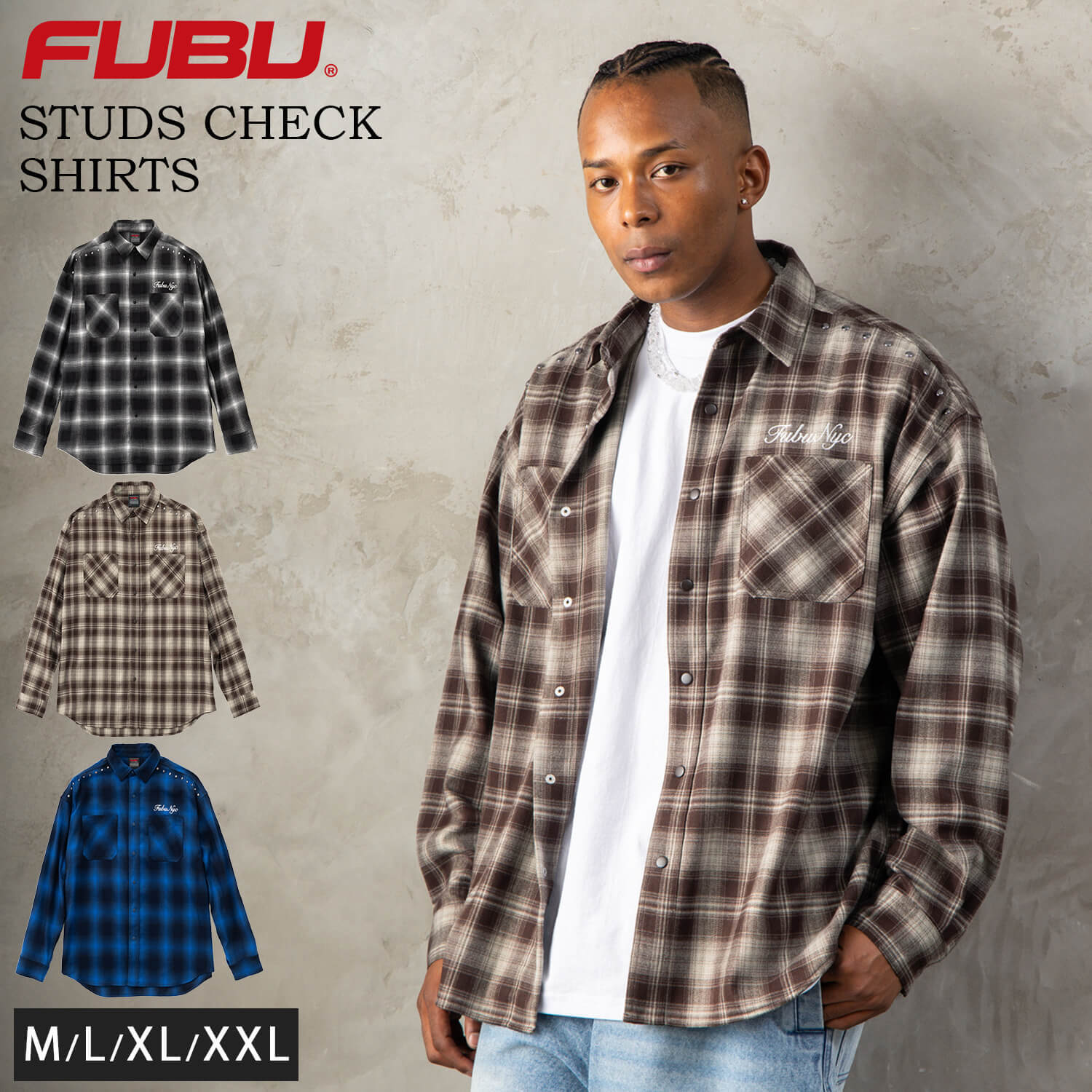 FUBU フブ チェックシャツ メンズ レディース fam-62100 スタッズ オンブレチェック ネルシャツ 長袖 シャツ スナップボタン 刺繍 オーバーサイズ ストリート ヒップホップ ダンス カジュアル M L XL XXL 2026FW Karlas