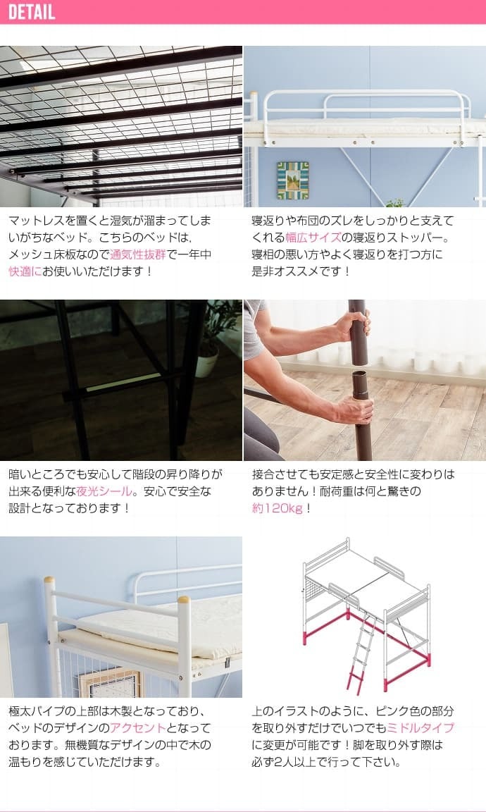 ベッド 寝具 宮付きロフト シングル ハイタイプ ミドルタイプ パイプ ベット おしゃれ 1人暮らし こども部屋 高さ変更 棚 コンセント付き 下収納 ワンルーム