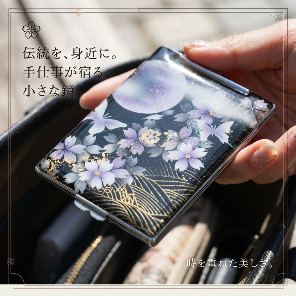 コンパクトミラー『井』名入れ 送料無料 和柄 和風 和モダン 和雑貨 和小物 手鏡 折りたたみ 桜 伝統工芸 職人 手作り ハンドメイド 記念日 プレゼント ギフト