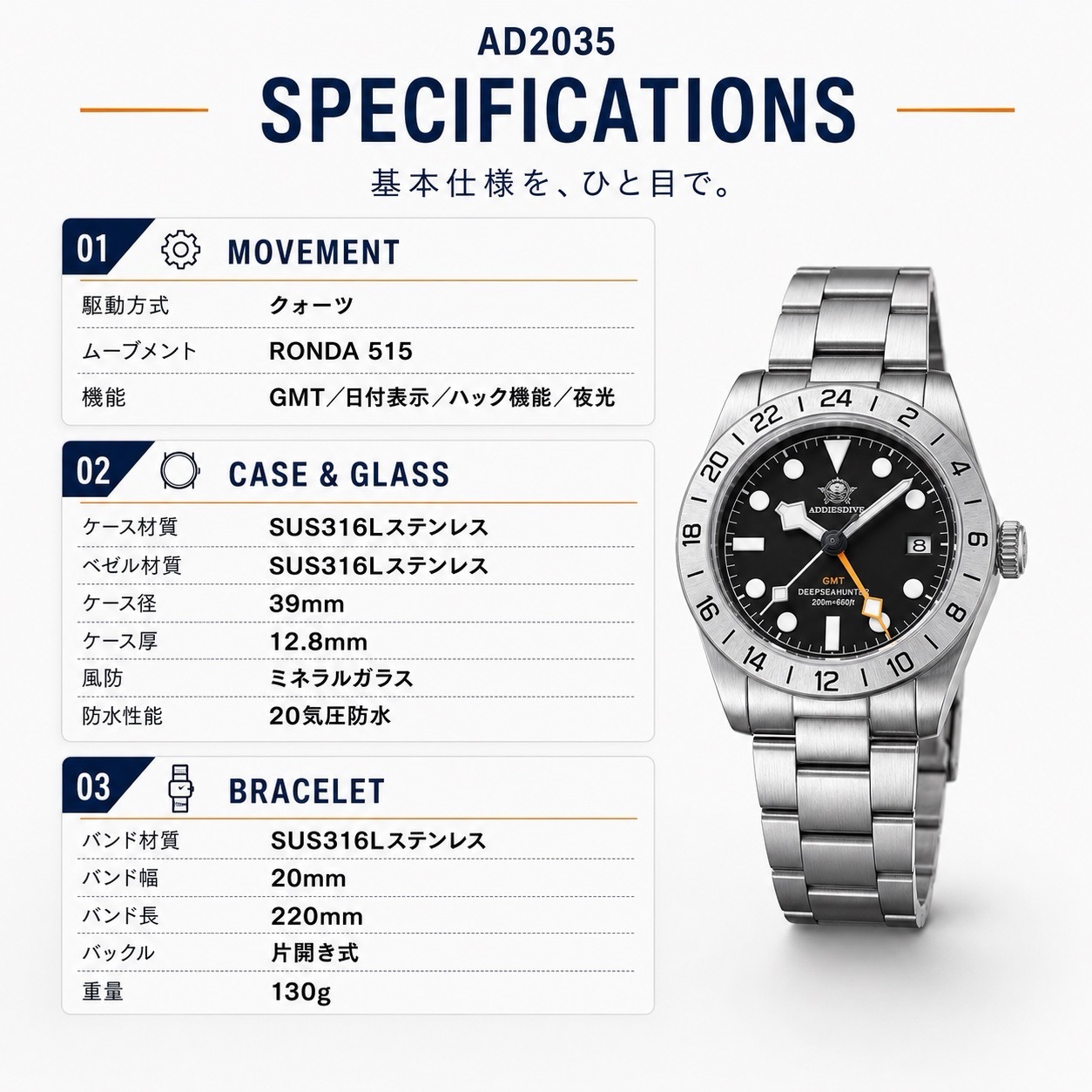 ADDIESDIVE 腕時計 メンズ クォーツ GMT スイス製 RONDA 515 39mm 20気圧防水 SUS316L AD2035