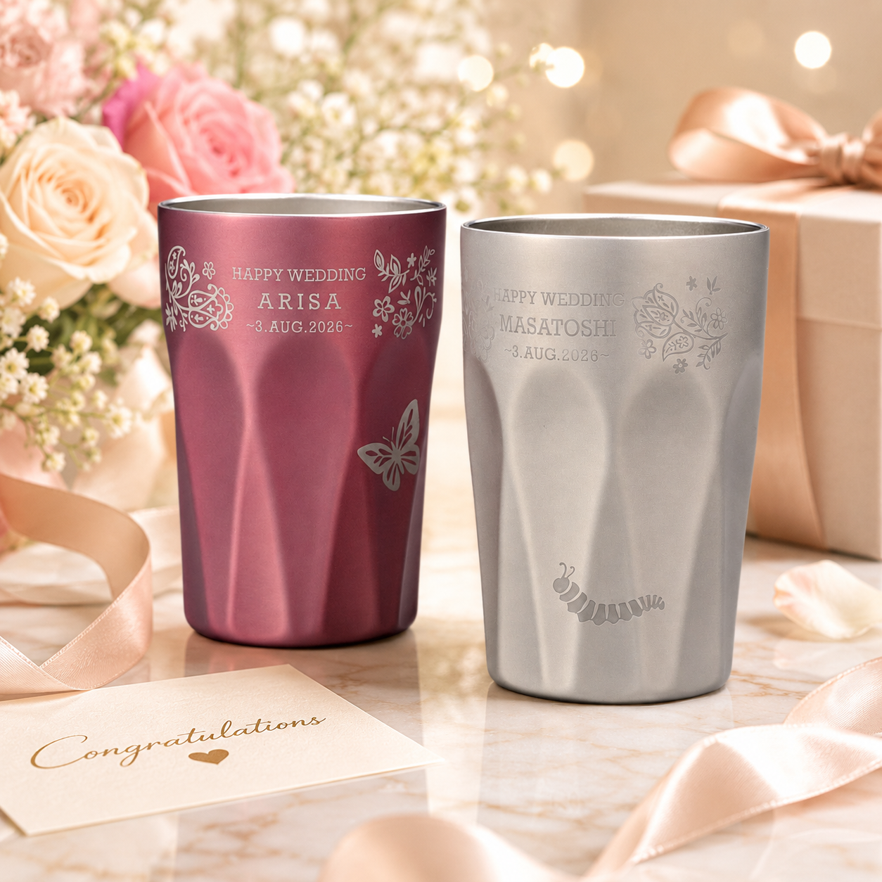 敬老の日 名入れ ペアギフト SXX THERMOS サーモス 真空断熱ダイヤカットロングタンブラー 食洗機対応モデル 400ml ピンク シャンパンゴールド 2点 ギフトBOX入り / プレゼント ギフト 両親 夫婦 結婚 金婚式 銀婚式 退職 記念 誕生日 長寿 祝い