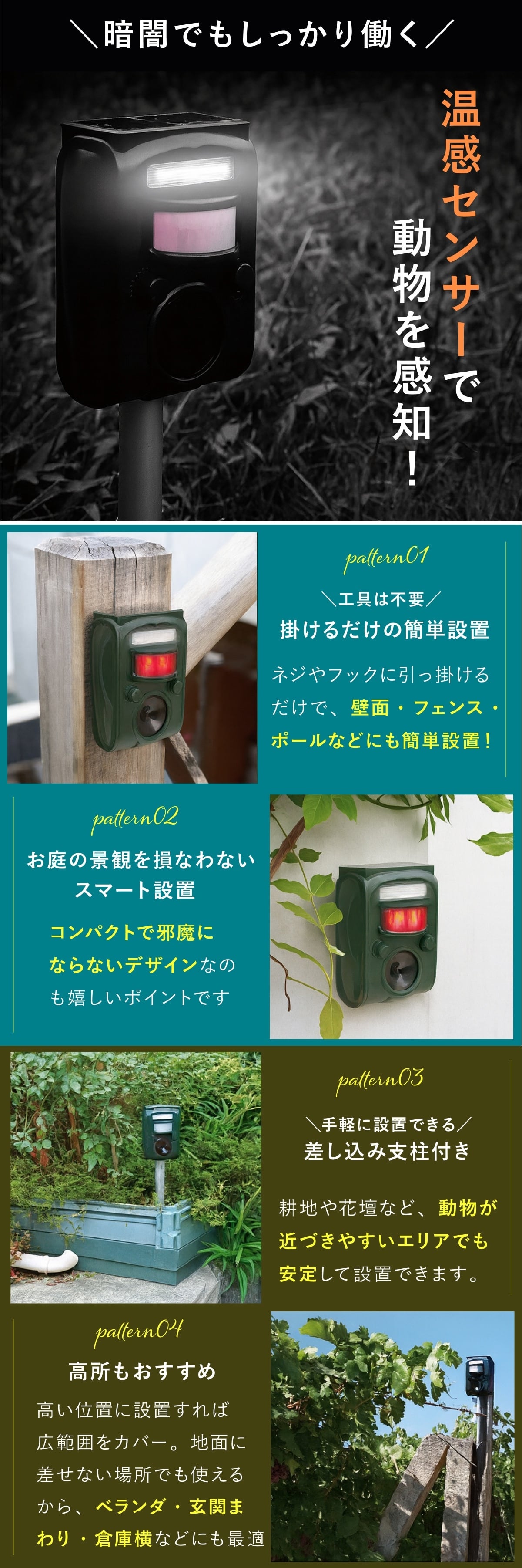 害獣対策 ソーラー充電式害獣駆除機 ファミラ 超音波 赤外線センサー ストロボ アラーム 13.5～45.5kHz 感知範囲最大8～9m 簡易防水 猫よけ 鳥よけ タヌキ ハクビシン 動物よけ 畑 庭 家庭菜園 駐車場 ガレージ 屋外
