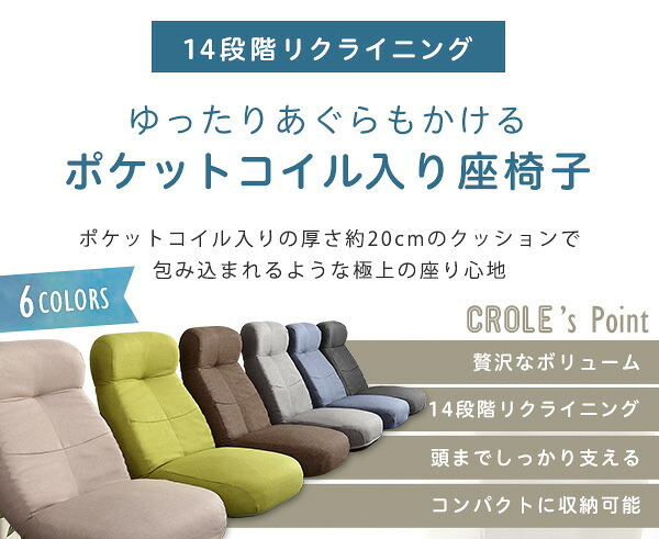 座椅子 リクライニング 日本製 しっかり体を支えるリクライニング CROLE クロレ 6カラー 14段階 ポケットコイル ボリューム コンパクト ハイバック チェア 1人掛け 座イス 座いす フロアチェア ローチェア かわいい おしゃれ 北欧 インテリア