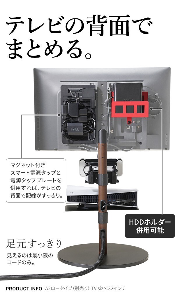 WALL SEVENSTAND セブンスタンド A2対応 スマート設置オプションセット-電源タップ-電源タッププレート ケーブル収納 コード収納 背面収納 整理 配線整理 ブラック スチール製 延長コード セット すっきり おしゃれ パーツ 部品 モダン
