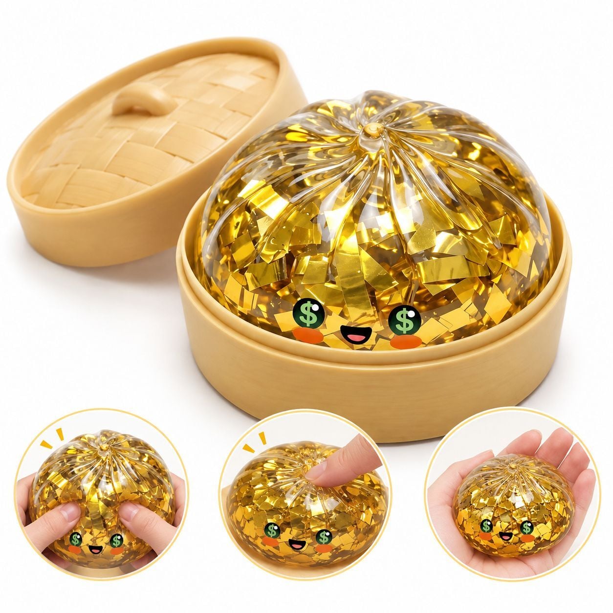 SNSでバズり中！新作 スクイーズ 金色肉まん 肉まん もちもち ぷにぷに キラキラ ゴールド 蒸籠付き SNSで話題 SNS映え 動画映え 感触玩具 ストレス解消 癒しグッズ おもしろ雑貨 子供 大人 プレゼント
