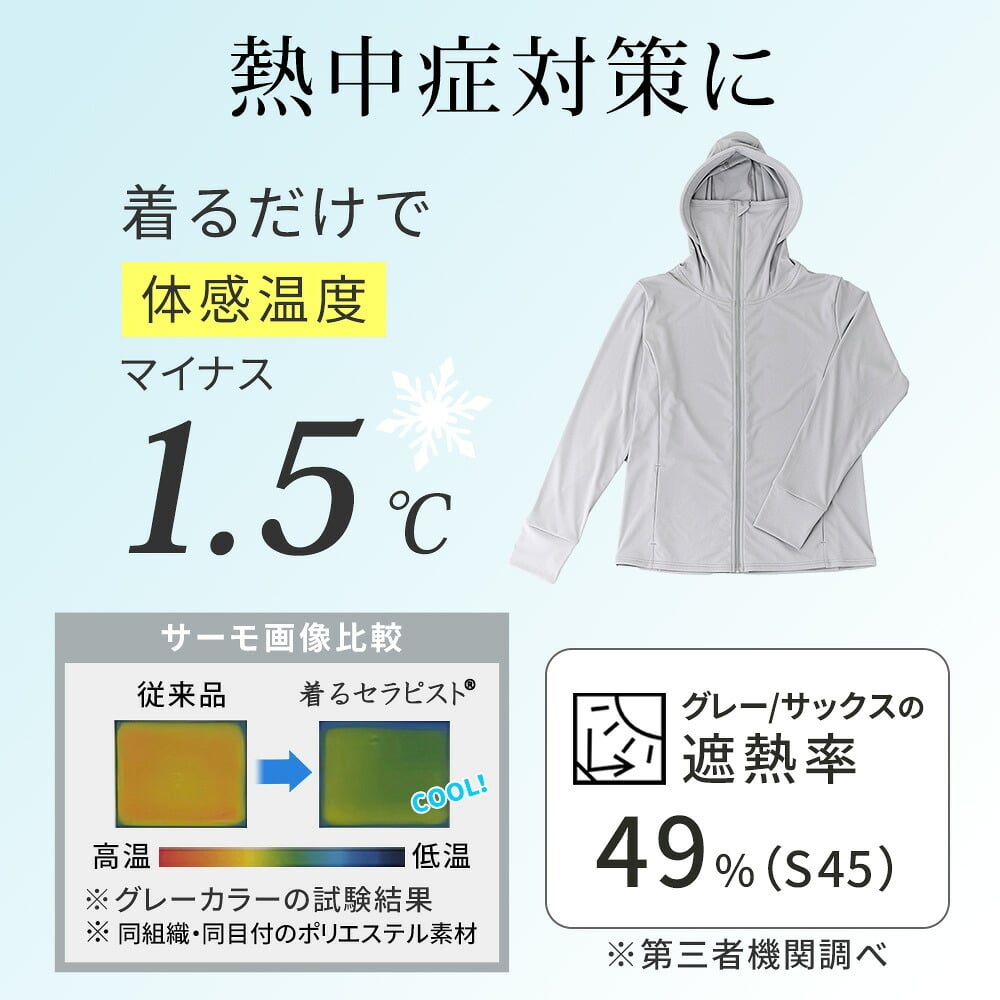 着るセラピストパーカー 日除け 日本製 近赤外線カット86％ 紫外線 UVカット98％ UPF50+ 遮熱 吸水速乾 おしゃれ 薄手 きれいめ かっこいい エイジングケア レディース セーレン ひよけ 涼しい