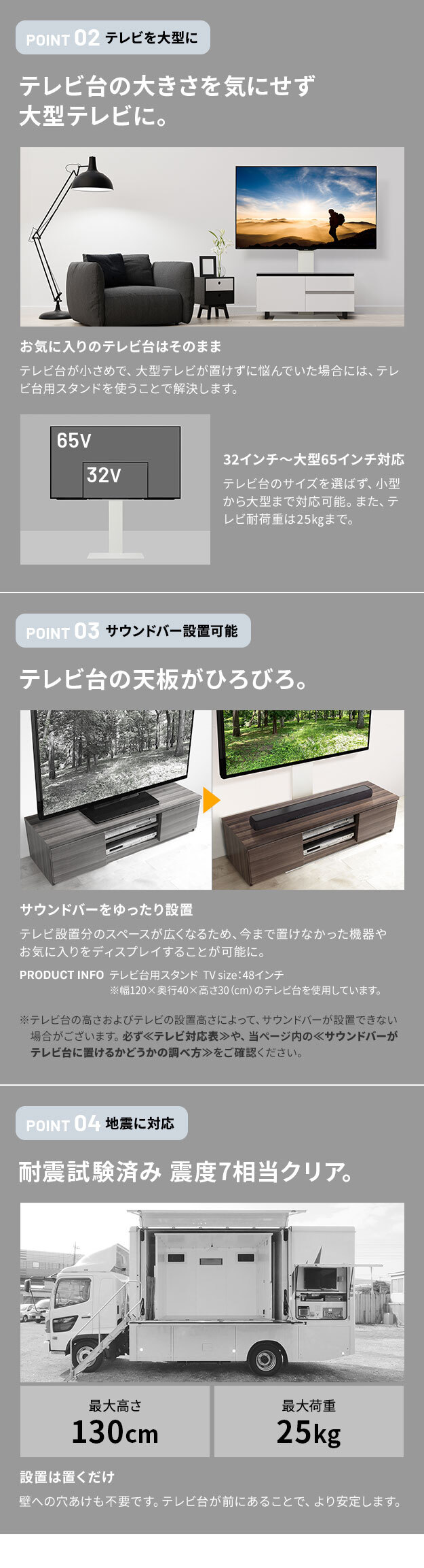WALLインテリアテレビスタンド テレビ台用スタンド 32～65v対応 壁寄せテレビ台 TVスタンド 背面収納 コード収納 ホワイト 白 震度7耐震試験済み 新生活
