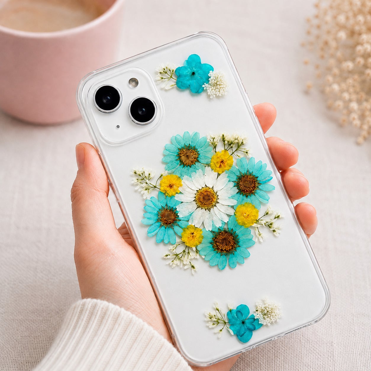 【ほぼ全機種対応スマホケース❁】押し花スマホケース NO.517（ブルー）（着日指定不可） 押し花＆レジン iPhone/Xperia/AQUOS/Galaxy他