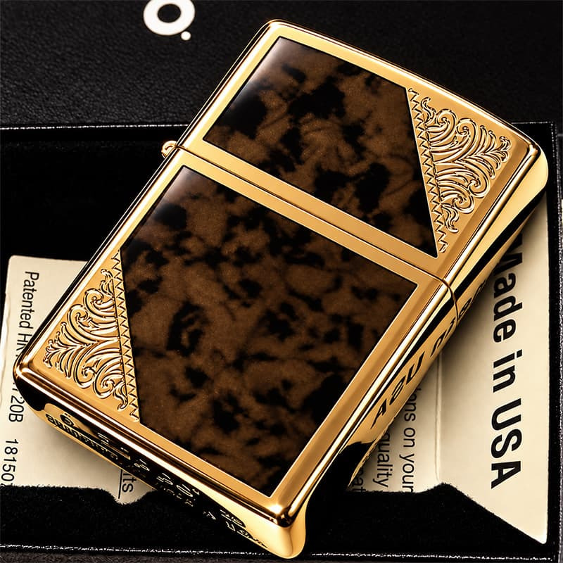 ZIPPO ライター ジッポ ゴールド＆ブラウン クラシック アラベスク 両面加工 マーブル柄 金タンク かっこいい ギフト メンズ プレゼント