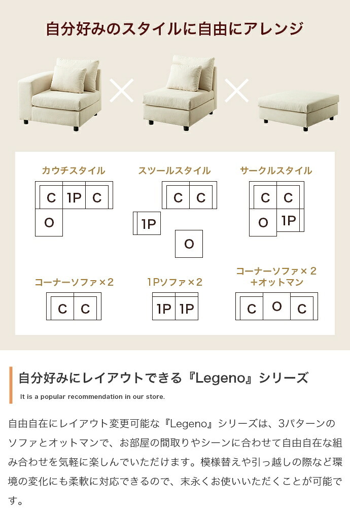 カウチソファ ローソファー フロア L字 I字 3人掛け 三人がけ 3P 2人 2P ユニット 組み合わせ ワイド 大きめ 家族 ファミリー 来客 左右対応 オットマン付き low 広々 肘置き アームレスト 滑らかなファブリック生地 リビングソファ