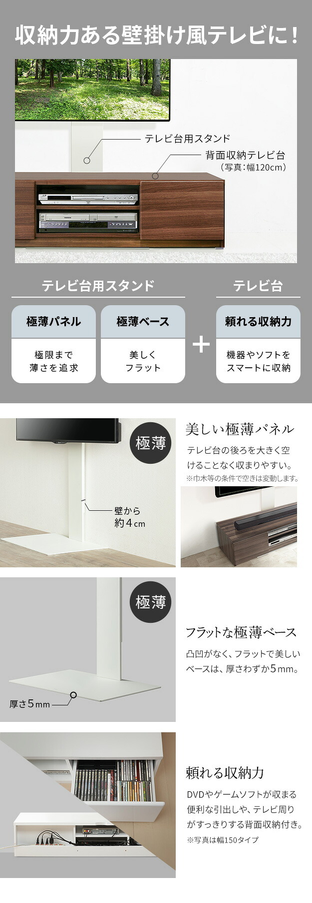 WALLインテリアテレビスタンド テレビ台用スタンド 背面収納テレビ台セット幅180cm 32~65v対応 壁掛け風 壁寄せテレビ台 TVスタンド テレビボード リビングボード ローボード 背面収納 ホワイト 白 ウォールナット 茶 震度7耐震試験済み 新生活