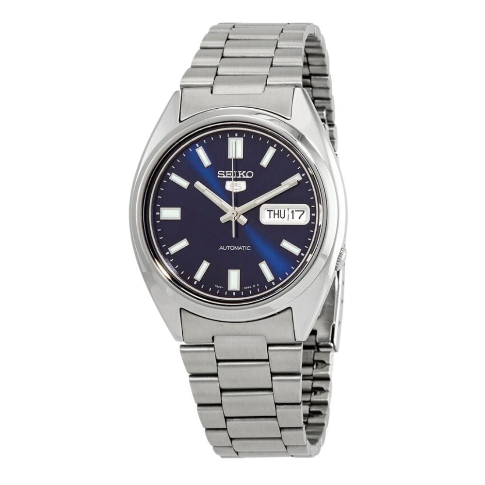 セイコー5 腕時計 メンズ 自動巻き ネイビー ダークブルー シルバー SEIKO 5 海外モデル 逆輸入 メタルベルト 曜日 日付 バックスケルトン 機械式 誕生日 プレゼント ギフト 収納ケース付き 成人 卒業 入学