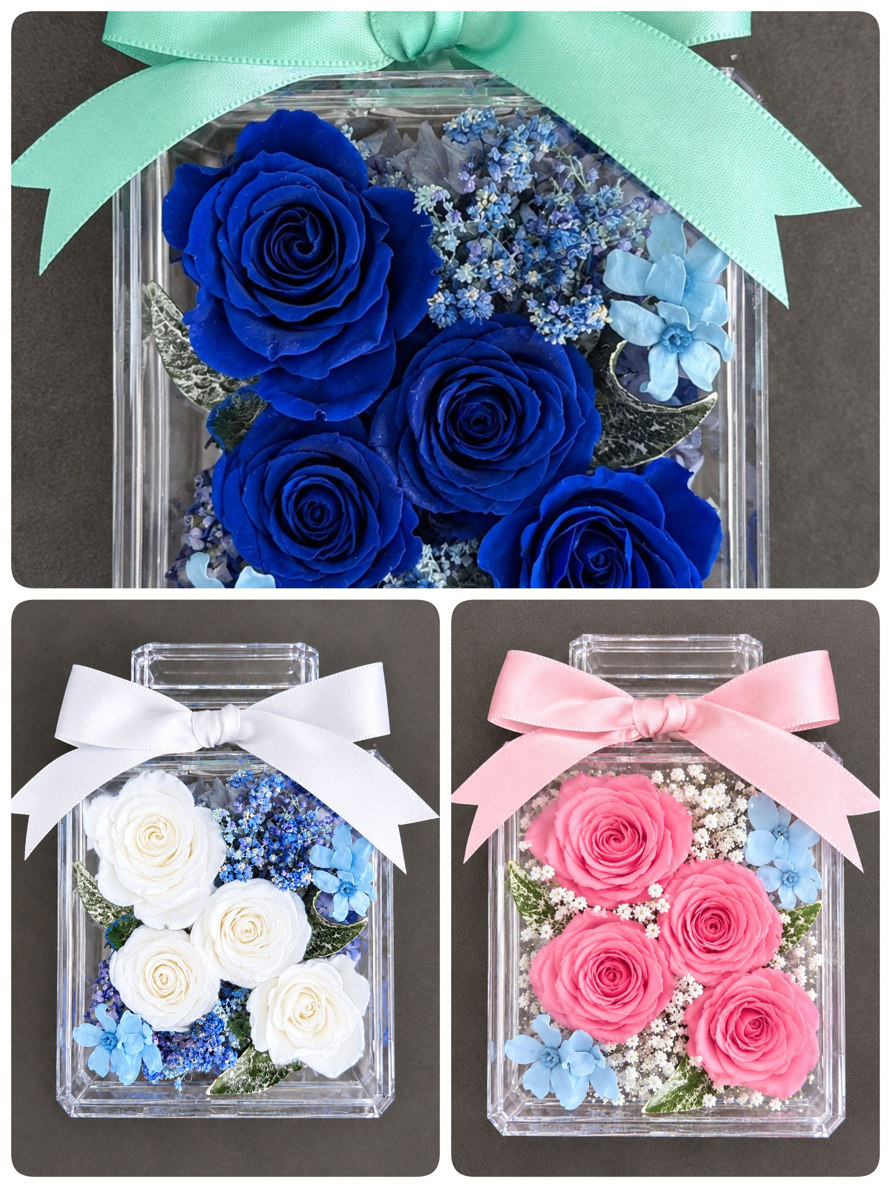 プリザーブドフラワー／青い薔薇と小花の香水瓶ギフト(ピンクと白い薔薇のカラーバリエーションあり)