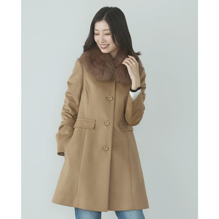 カシミヤ コート レディース カシミヤ100% フォックス ファー 着丈85cm ミドル丈 ブラック 秋 冬 40代 50代 大人 カシミヤコート フォーマル 卒業式 母 ひざ丈 小さいサイズ 低身長 ギフト プレゼント 6F (02000070r)