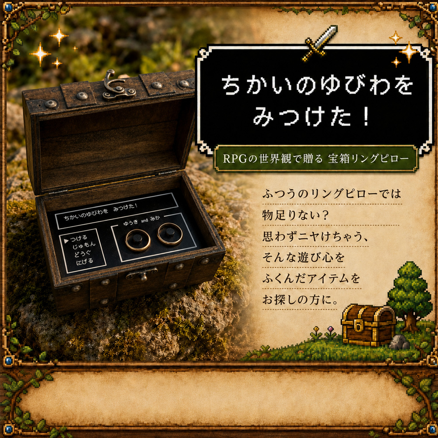 【宝箱リングピロー】リングピロー 宝箱 リングボックス 結婚式 ウェディング リングボーイ リングガール ゲーム風 名入れ プレゼント ギフト プロポーズ サプライズ 婚約指輪 結婚祝い ウェルカムスペース 個性的 変わった 面白い アンティーク おしゃれ かわいい