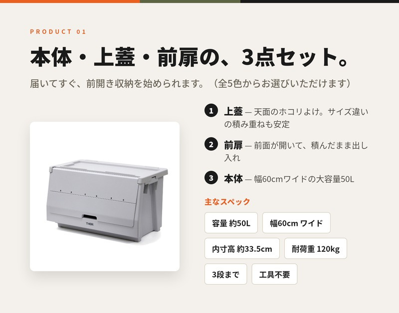 THOR ソー スタッキングシェルフコンテナ 50L セット 大容量 前開き 収納ボックス 米国TRUST社 コンテナ 収納棚 スタッキング 積み重ね 耐荷重120kg 全5色 衣類収納 押し入れ キャンプ アウトドア 車載 ガレージ 防災