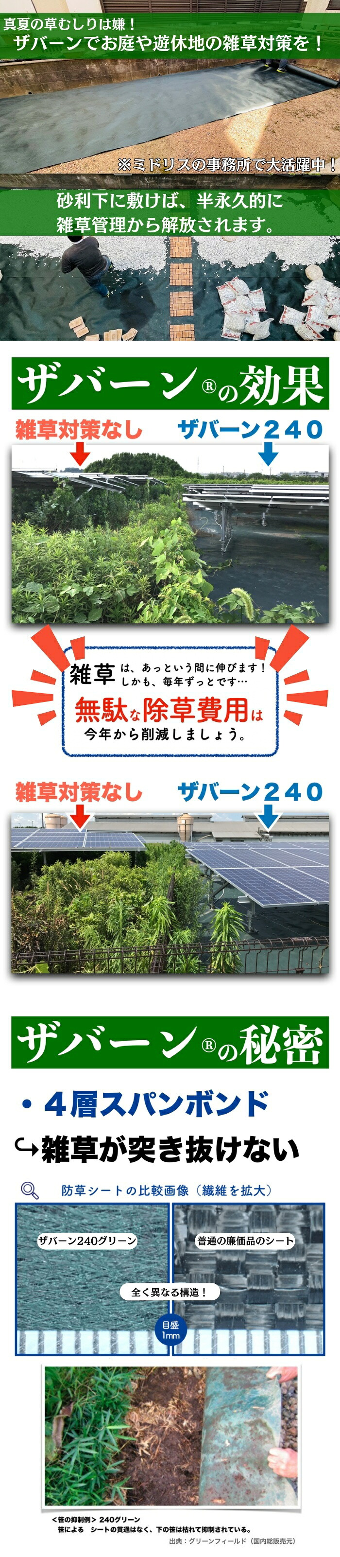 ザバーン 240G 強力防草シート 2m×30m 2本セット 120平米分 品番 XA-240G2.0 4層不織布 人工芝下と砂利下は耐用年数半永久 高耐久 10年以上 雑草対策 除草コスト削減 デュポン社製 テープ ピン 別売り