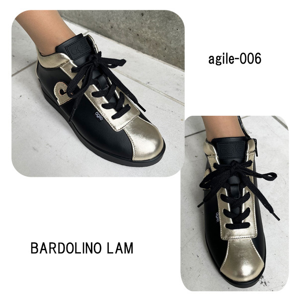 ルコライン 靴 アージレ バイ ルコライン スニーカー agile-006GO BARDOLINO LAM 本革 ブラック 黒 / ゴールド 金色 サイドファスナー付 agile by RUCO LINE