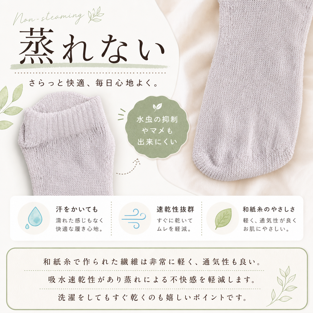 【ギフトラッピング無料】ムレない和紙糸からできた靴下「和紙心～washico～ ナイトソックス」 吸水・速乾性、抗菌・消臭性が良く、内側が5本のセパレートになっているから指の間の汗やムレも吸収。いつでもサラッとした履き心地【日本製 】