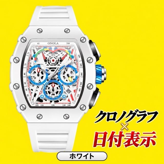 腕時計 メンズ クロノグラフ オマージュウォッチ クォーツ トノー型 スケルトン シリコンベルト 日付 ONOLA ON6827