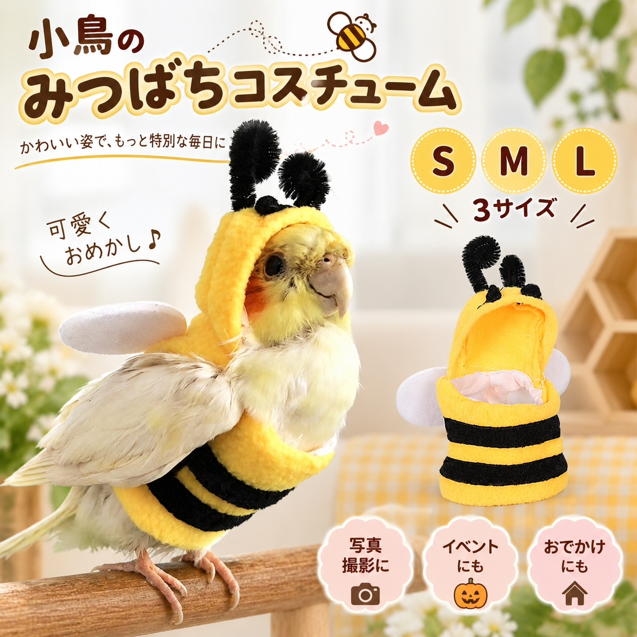 インコ 服 鳥用 コスチューム ミツバチ 着ぐるみ ペットウェア かわいい 仮装 コスプレ 小鳥 オカメインコ セキセイインコ 撮影 小物 おしゃれ 秋 冬 ハロウィン 記念写真 プレゼント