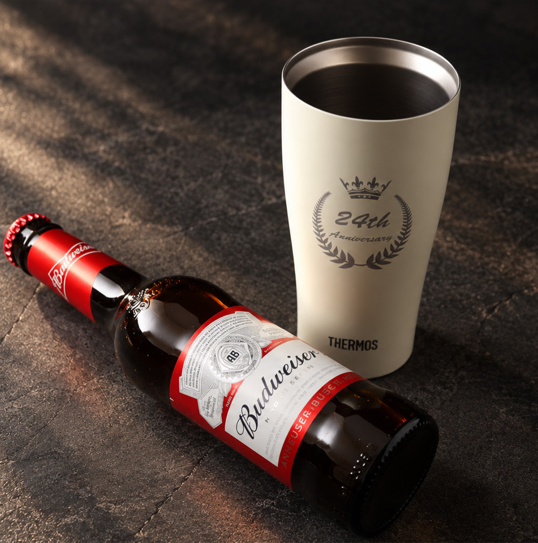【名入れ ビール 】バドワイザー＆サーモスセット タンブラー 真空断熱 マグカップ 名入れ 名前入り オリジナル ギフト 彫刻 プレゼント ビール ハイボールカップ