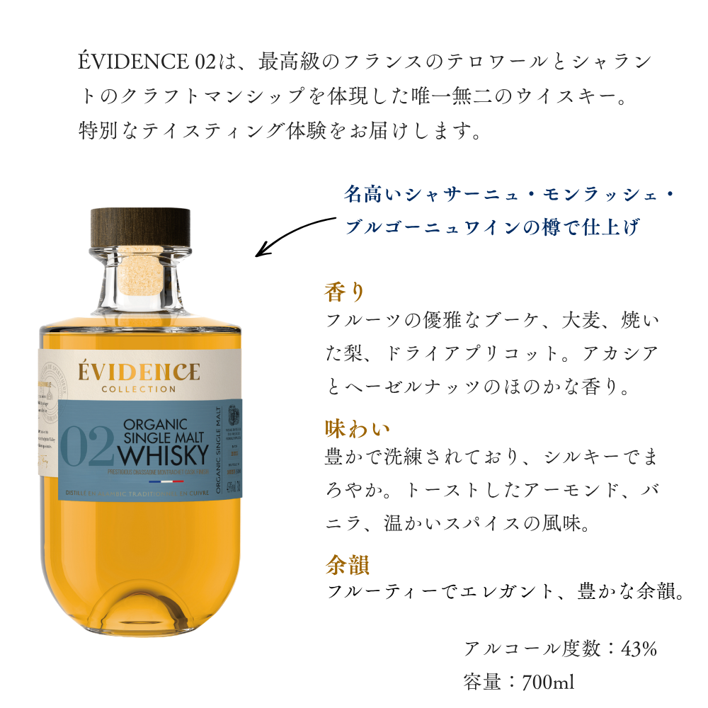 EVIDENCE 02 700ml オーガニック フレンチウイスキー 高級ウイスキー プレミアムウイスキー シングルモルト シャサーニュ・モンラッシェ ブルゴーニュワイン
