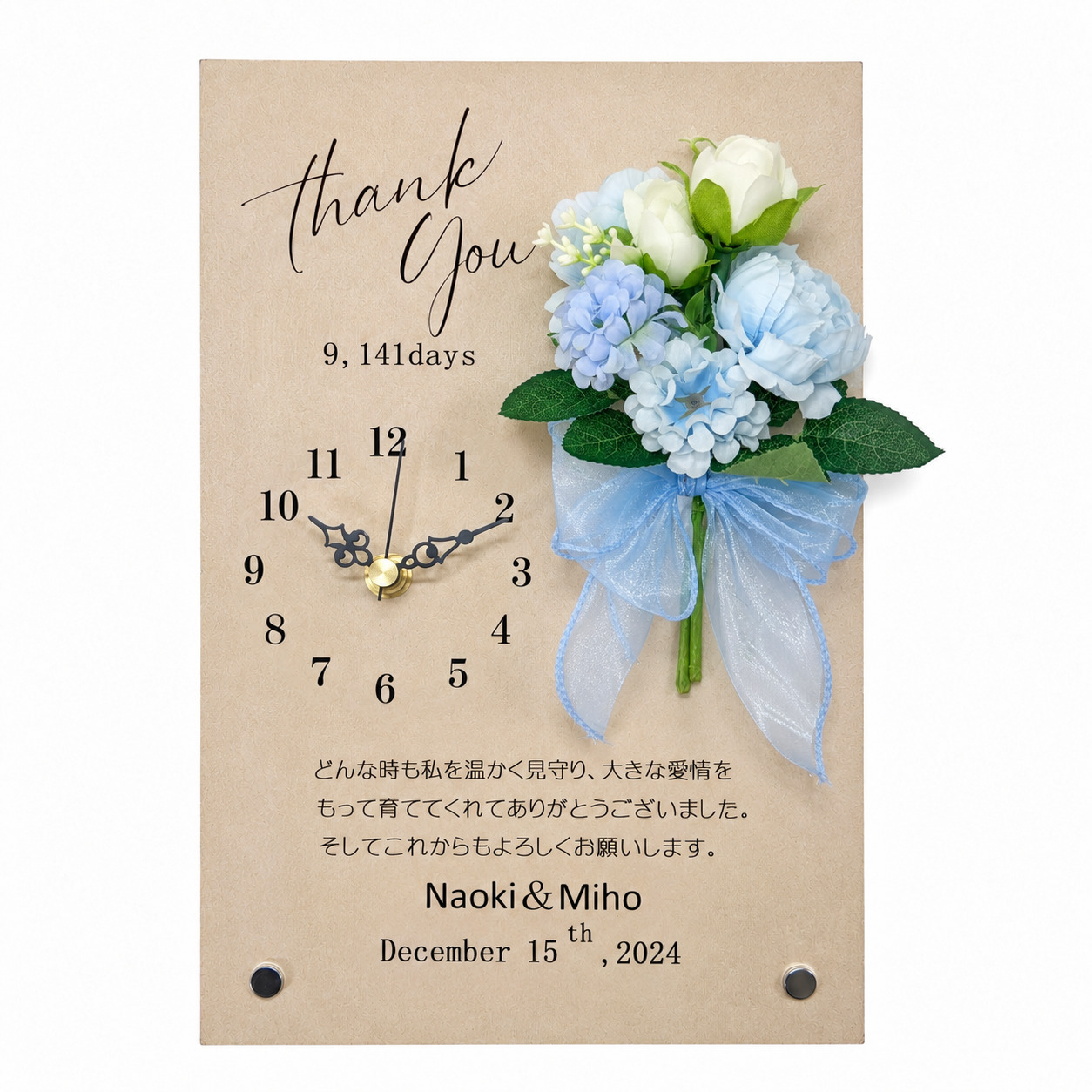 ◆花時計 【Wood Clock ウッドクロック 縦型・ホワイト/ライトピンク/ライトブルー/パープル/ ビタミンカラー】掛け時計・置時計 ハンドメイド 文字入れ・変更可能