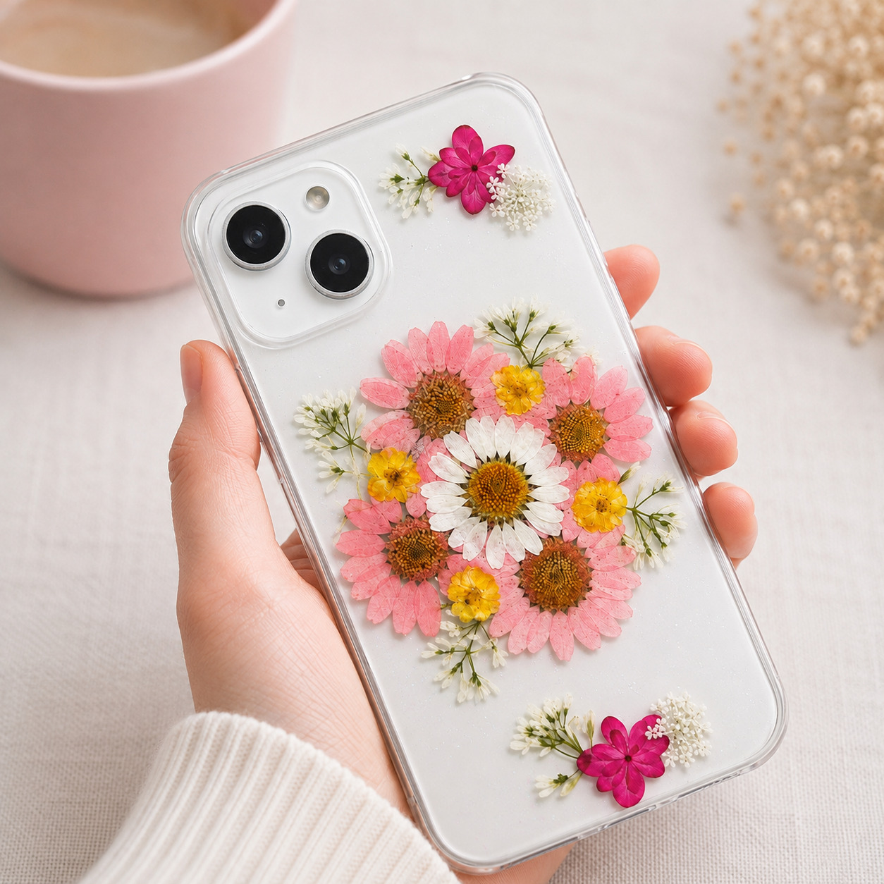 【ほぼ全機種対応スマホケース❁】押し花スマホケース NO.517（ピンク）（着日指定不可） 押し花＆レジン iPhone/Xperia/AQUOS/Galaxy他