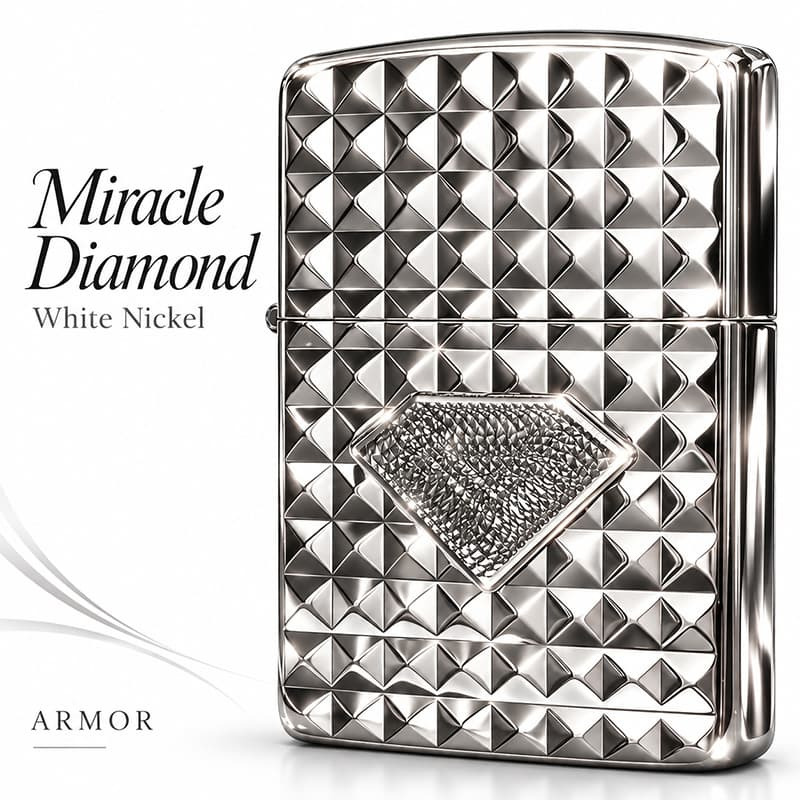 ZIPPO ライター アーマー ミラクルダイアモンド ホワイトニッケル 両面加工 ジッポ Miracle Diamond ダイヤカット 彫刻 シルバー メンズ かっこいい メタル貼り おしゃれ ギフト 重厚 プレゼント