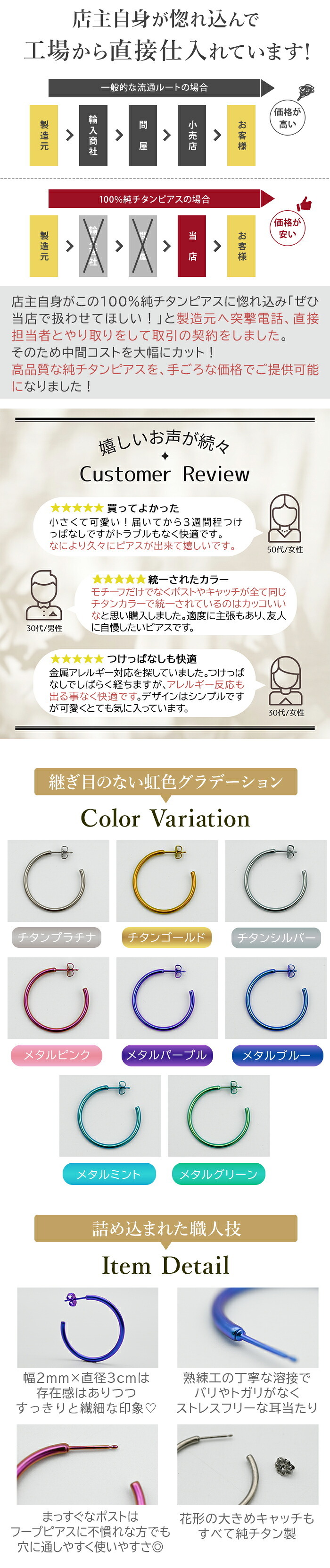 ピアス チタン フープ ハーフ 大ぶり 純チタン 幅2mm×直径30mm 全8色 アレルギー対応 医療用 日本製 おすすめ メンズ レディース 片耳 1個 かわいい カラフル