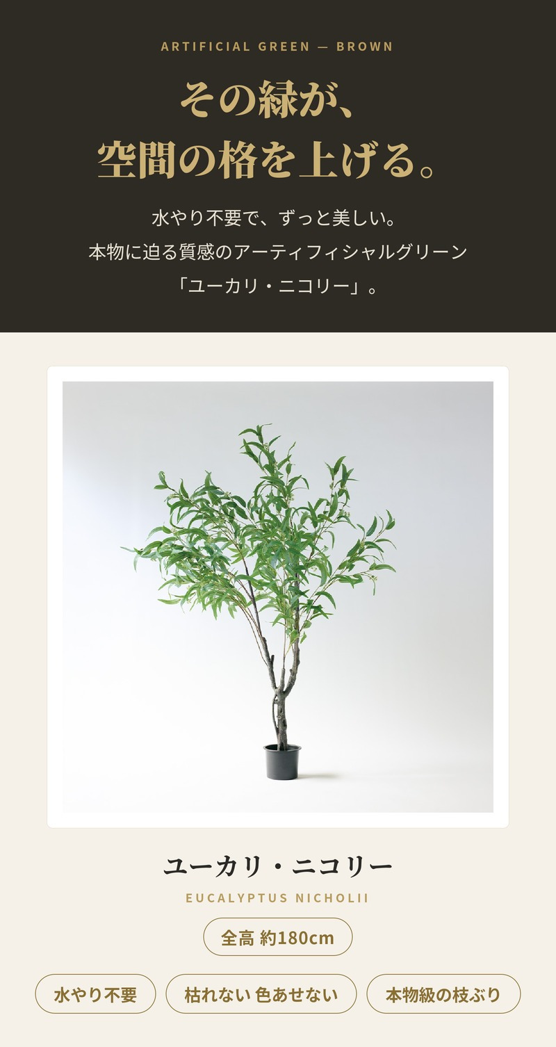 観葉植物 造花 ユーカリ・ニコリー BROWN 全高約180cm 大型 フェイクグリーン 高級 本物そっくり リアル おしゃれ ナチュラル インテリア 人工観葉植物 アーティフィシャルグリーン オフィス 店舗 ホテル カフェ 開店祝い 室内 リビング 玄関 風水 ユーカリの木