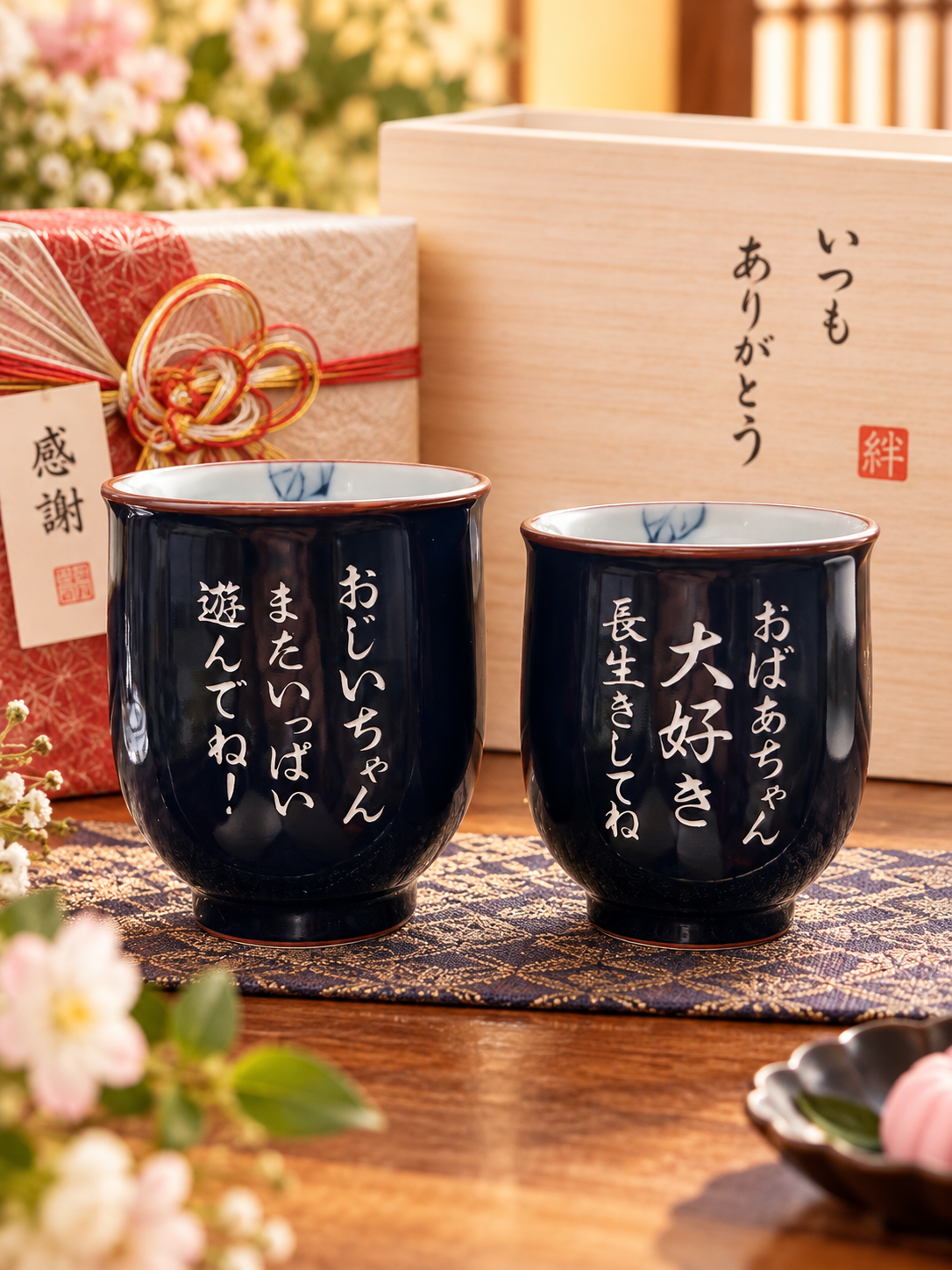 敬老の日 退職 名入れ ペアギフト SXX 波佐見焼 夫婦湯呑 内椿 赤 緑 2点セット 木箱入り / プレゼント ギフト 両親 夫婦 結婚 金婚式 銀婚式 退職 記念 誕生日 長寿 祝い
