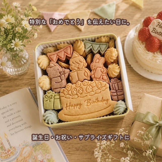 クッキー缶/きみと季節のとなりに「HappyBirthday」(クッキー クッキー缶 メッセージ 洋菓子 お菓子 スイーツ 焼き菓子 誕生日 記念日 お祝い バースデー プレゼント ギフト 贈り物 手土産 映え かわいい 可愛い おしゃれ  動物 アニマル くま うさぎ 成人の日 詰め合わせ 物語 美味しい おやつ 友達 子供 孫 女友達 女性 彼女 彼氏 妻 母 娘 甥っ子 姪っ子) 