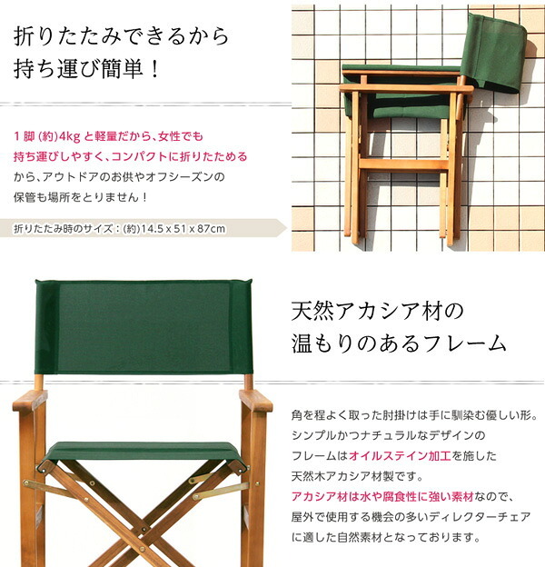 チェア 椅子 ディレクター 天然木 グリーン布製 完成品 デッキ 折りたたみ 屋外 アウトドア ガーデン ベランダ バルコニー テラス 庭 ブラウン 新生活