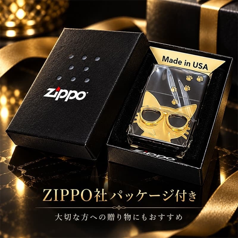 ZIPPO 猫 ライター サングラス 可愛い ジッポ ネコ ユニーク 足跡 ブラックニッケル キャット メタル貼り かわいい ねこ 金差し ゴールド レディース ギフト メンズ 女性 プレゼント