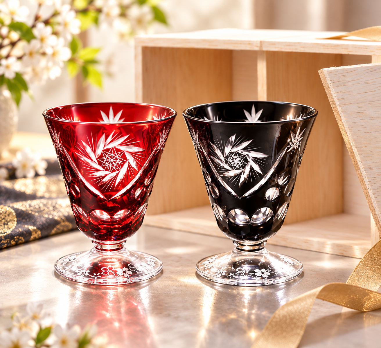 退職 異動 名入れ ペアギフト SXX 切子 足付 お猪口 2点セット 木箱入り / プレゼント ギフト 両親 夫婦 結婚 金婚式 銀婚式 退職 記念 誕生日 長寿 祝い 冷酒盃 赤 青 黒 選べるカラー