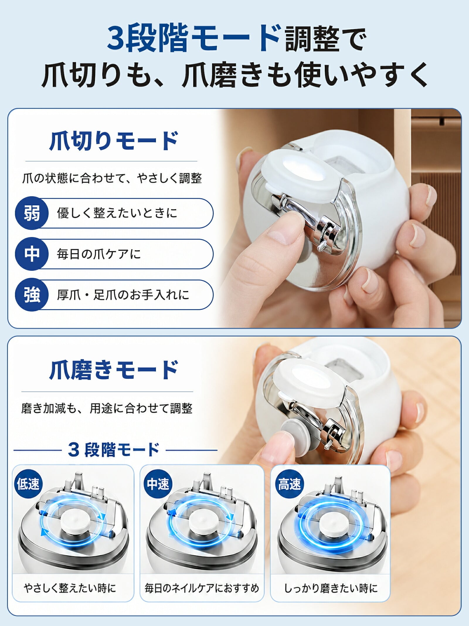 【熨斗・ラッピング無料】電動爪切り 2WAY 爪切り 爪磨き 3段階速度調節 拡大鏡 LEDライト USB Type-C充電 ホワイト ブルー ギフト 敬老の日 出産祝い ベビーグッズ 誕生日 プレゼント