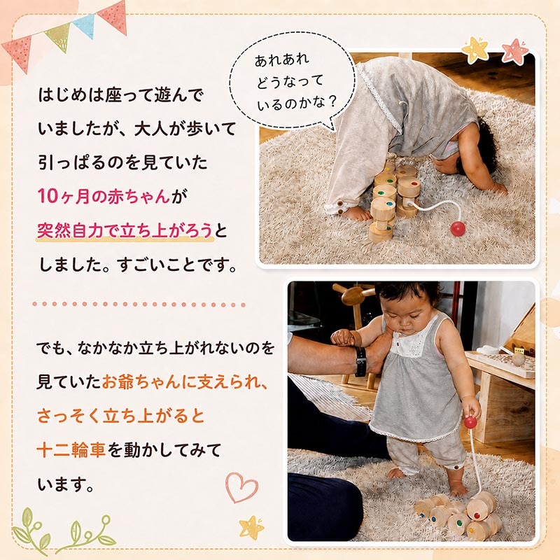 [日本製安心おもちゃ]●赤ちゃんバージョン十二輪車(ロングタイプ) 木のおもちゃ プルトーイ 木製玩具 引き車 知育玩具 プレゼント ランキング スロープ 積み木　日本グッド・トイ受賞おもちゃ 赤ちゃん おもちゃ 日本製 木のおもちゃ 出産祝い がらがら カタカタ 男の子＆女の子 6ヶ月 7ヶ月 8ヶ月 9ヶ月 10ヶ月 1歳 2歳 誕生日 国産 ベビーギフト ラトル 木育 ]