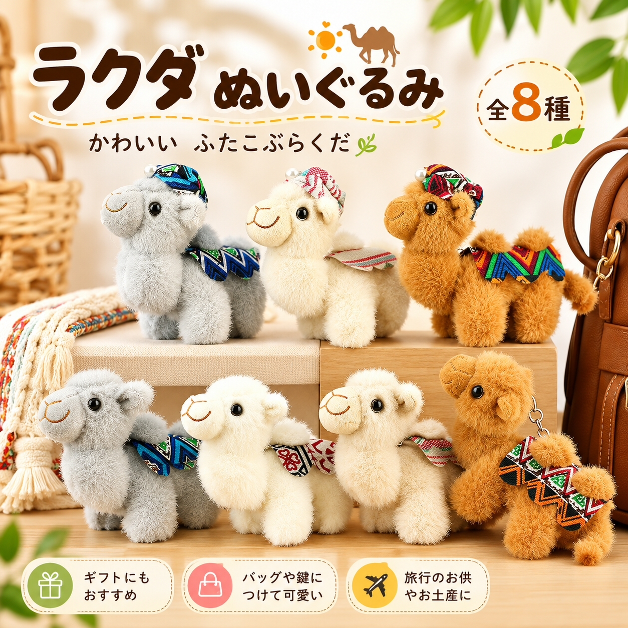 ラクダ ぬいぐるみ ふたこぶらくだ 8種類 アニマル バッグチャーム キーホルダー かわいい 動物 マスコット 旅行 お土産 飾り 子供 プレゼント ギフト